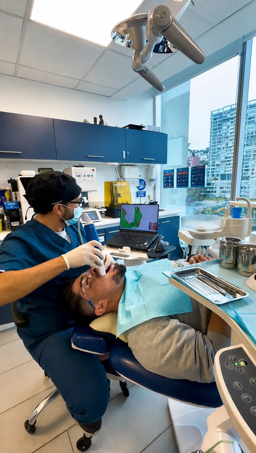 Dr. Sebastián Carvajal realizando escaneo intraoral digital a un paciente